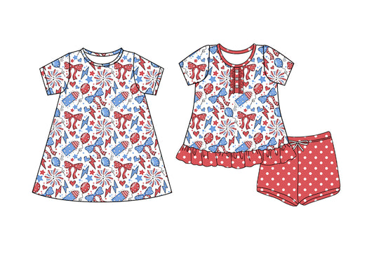 4.8 custom each style moq 5eta 4-6week Sibling Sister firework bow baby girl short sleeve shorts sets and dresses match design