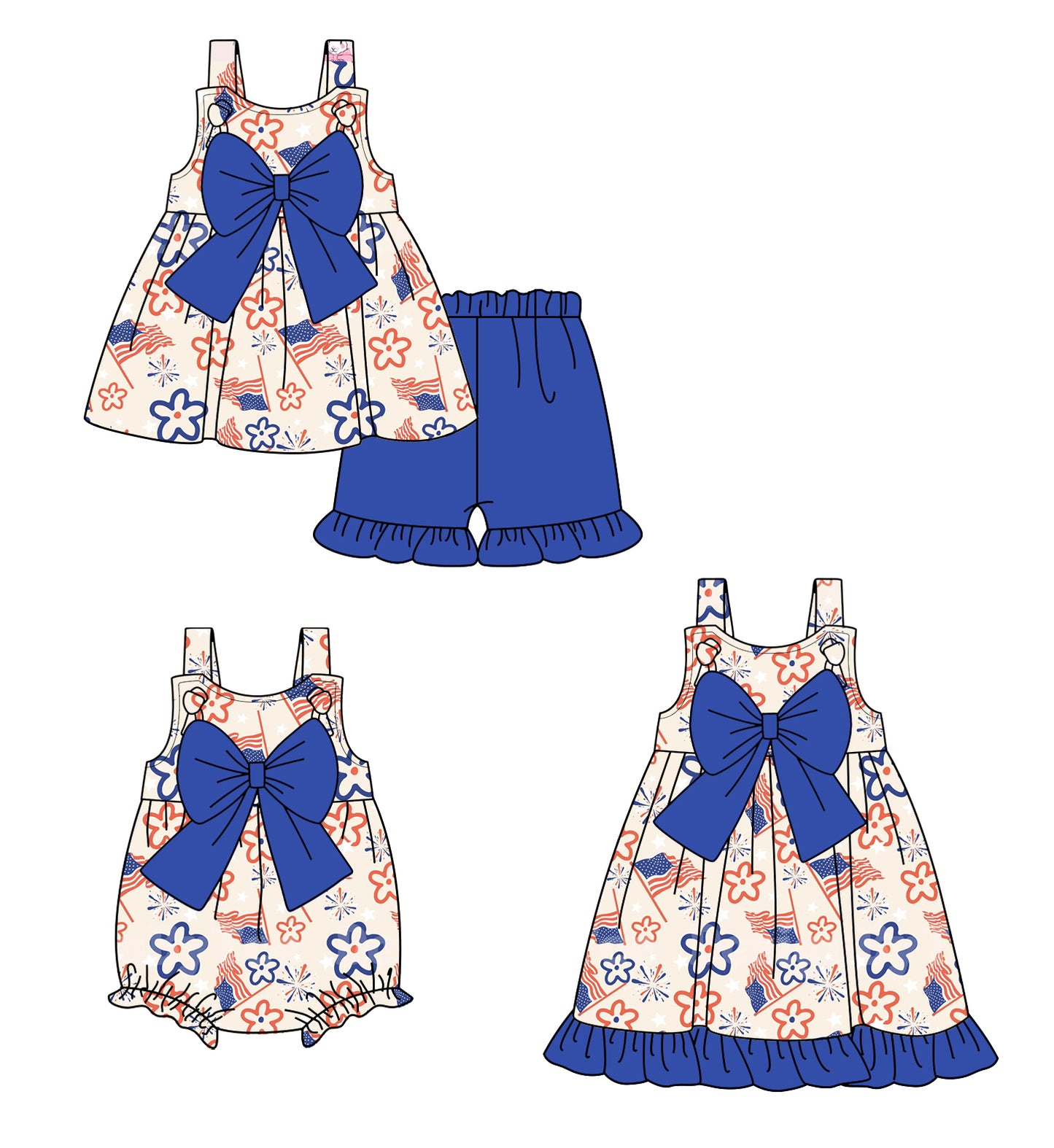 25.12.27 custom each style moq 5 eta 6-8week Sibling Sister flag bow baby short sleeve shorts sets and romper and dress match design