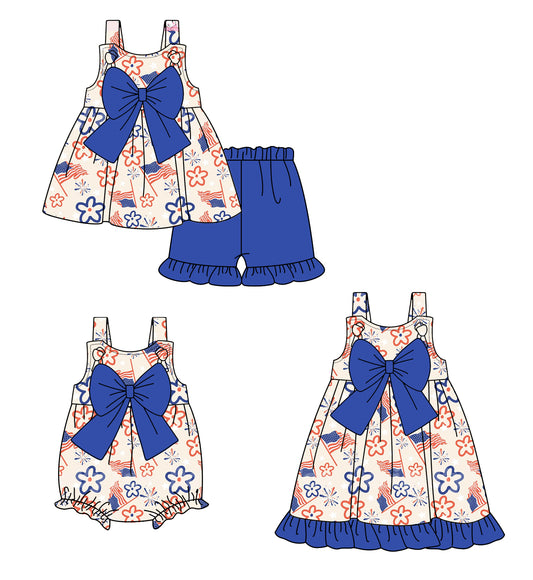 25.12.27 custom each style moq 5 eta 6-8week Sibling Sister flag bow baby short sleeve shorts sets and romper and dress match design