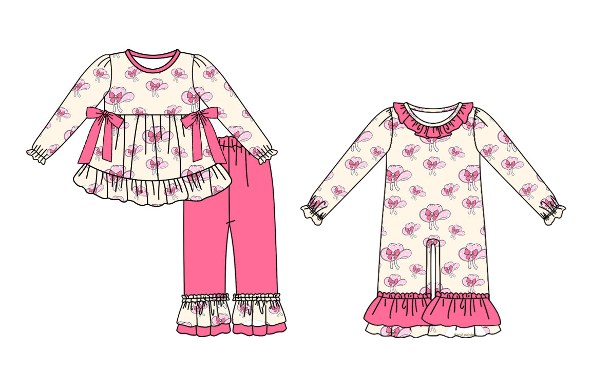 25.7.28 custom each style moq 5eta 4-6week Sibling Sister hat bow baby girl long sleeve pants sets and rompers match family design