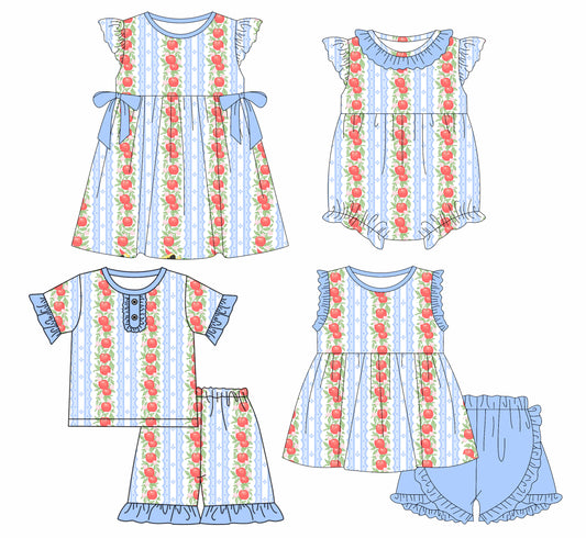 3.28 custom each style moq 5eta 4-6week Sibling Sister apple bow baby girls sets 1 and sets 2 and dress and girl rompers match family design