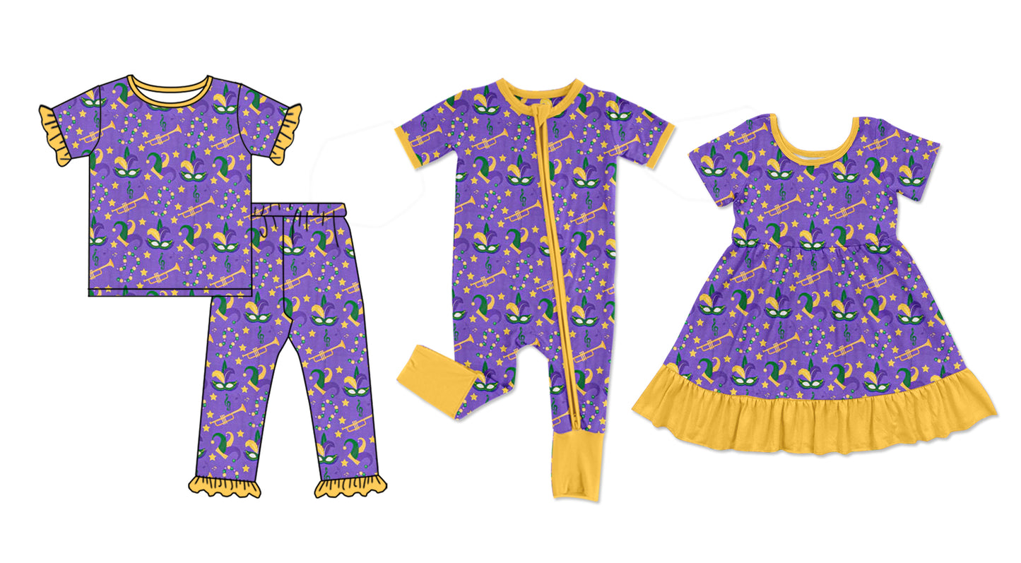 25.10.24 custom each style moq 5 eta 6-8week Sibling Sisters mardi gras baby girl short sleeve pants sets and dress and rompers match family design