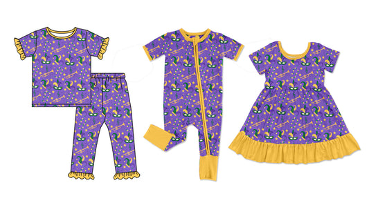 25.10.24 custom each style moq 5 eta 6-8week Sibling Sisters mardi gras baby girl short sleeve pants sets and dress and rompers match family design