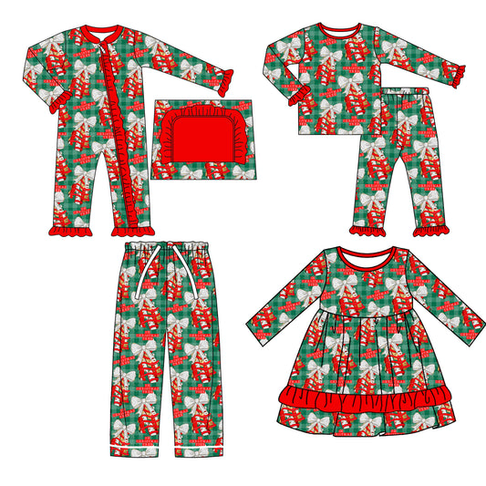 25.6.9 custom each style moq 5eta 4-6week Sibling Sisters Christmas trees bow red baby girl long sleeve pants sets and romper and dress and adult pants match family design
