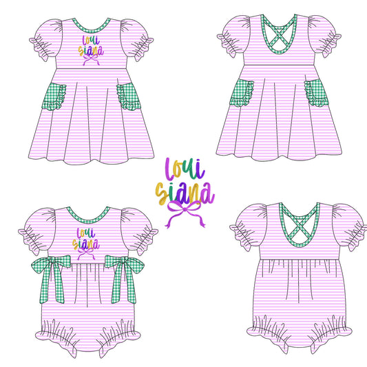 25.10.3 custom each style moq 8 eta 6-8week Sibling Sisters mardi gras baby girl short sleeve dress and rompers match family design