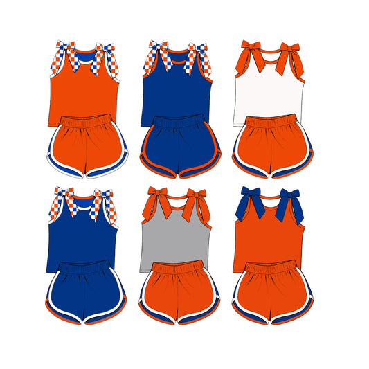 custom moq 5 mix size Baby Girls Bow Sleeveless Orange Top Shorts Summer Casual Clothes Set