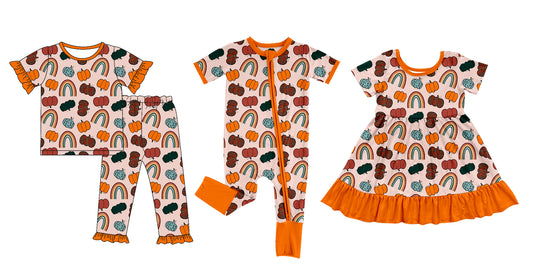 25.5.12 custom each style moq 5eta 4-6week Sibling Sisters pumpkin rainbow baby girl short sleeve pants sets and dress and rompers match family design