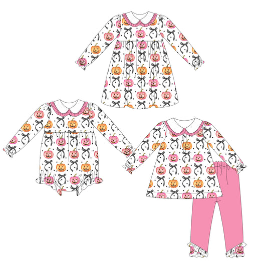 25.5.16 custom each style moq 5eta 4-6week Sibling Sisters pumpkin bow baby girl long sleeve pants sets and dress and rompers match family design