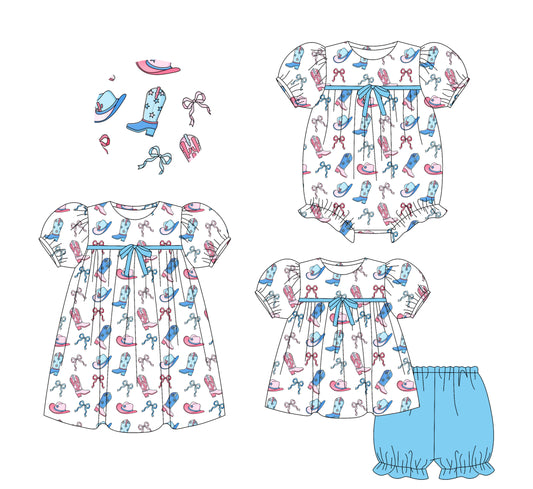25.5.25 custom each style moq 5eta 4-6week Sibling Sisters bow boots baby girl short sleeve shorts sets and dress and rompers match family design