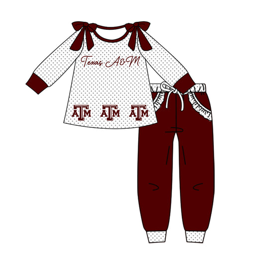 Custom moq 5 mix size milk silk summer teams baby girl clothes dark red long sleeve pants sets-25.10.14