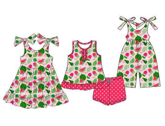 3.22 custom each style moq 5eta 4-6week Sibling Sister watermelon baby girl short sleeve shorts sets and dresses and jumpsuit match design