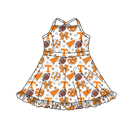 Custom moq 5 mix size milk silk summer teams Baby Girls Strap Orange Stars Bows Knee-Length Yoga Dress Activity Wear