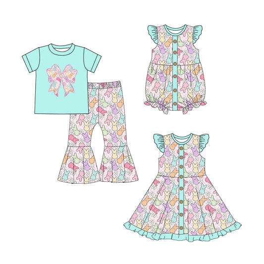 25.10.1 custom each style moq 8 eta 6-8week Sibling Sisters easter bow baby girl short sleeve pants sets and dress and rompers match family design