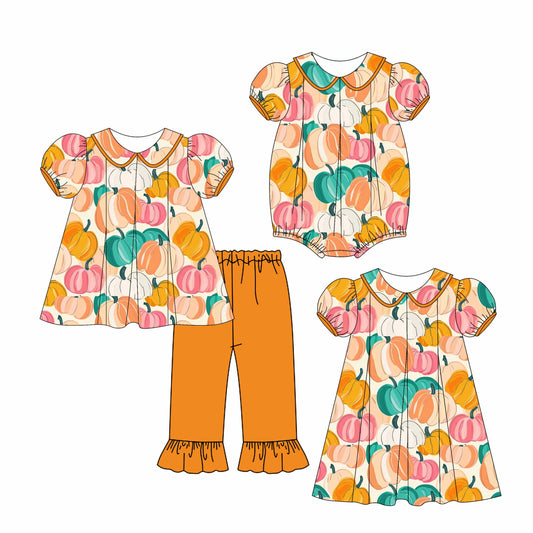 4.28 custom each style moq 5eta 4-6week Sibling Sisters pumpkin baby girl short sleeve shorts sets and pants sets and dress match family design