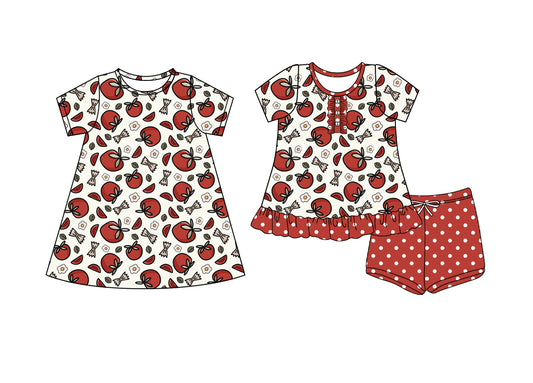4.10 custom each style moq 5eta 4-6week Sibling Sister apple baby girl short sleeve shorts sets and dresses match design