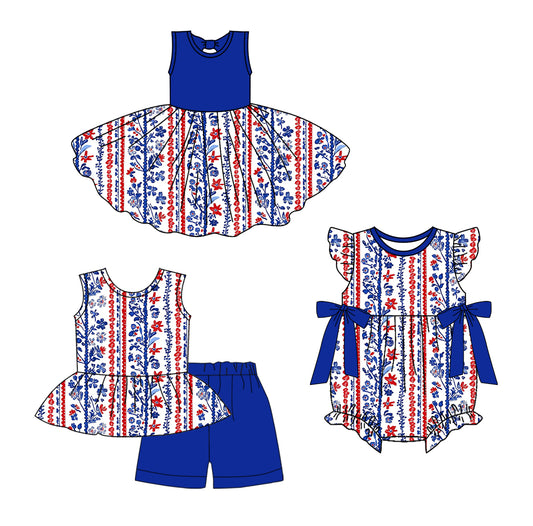 3.24 custom each style moq 5eta 4-6week Sibling Sisters floral blue baby girl short sleeve shorts sets and dress and rompers match family design