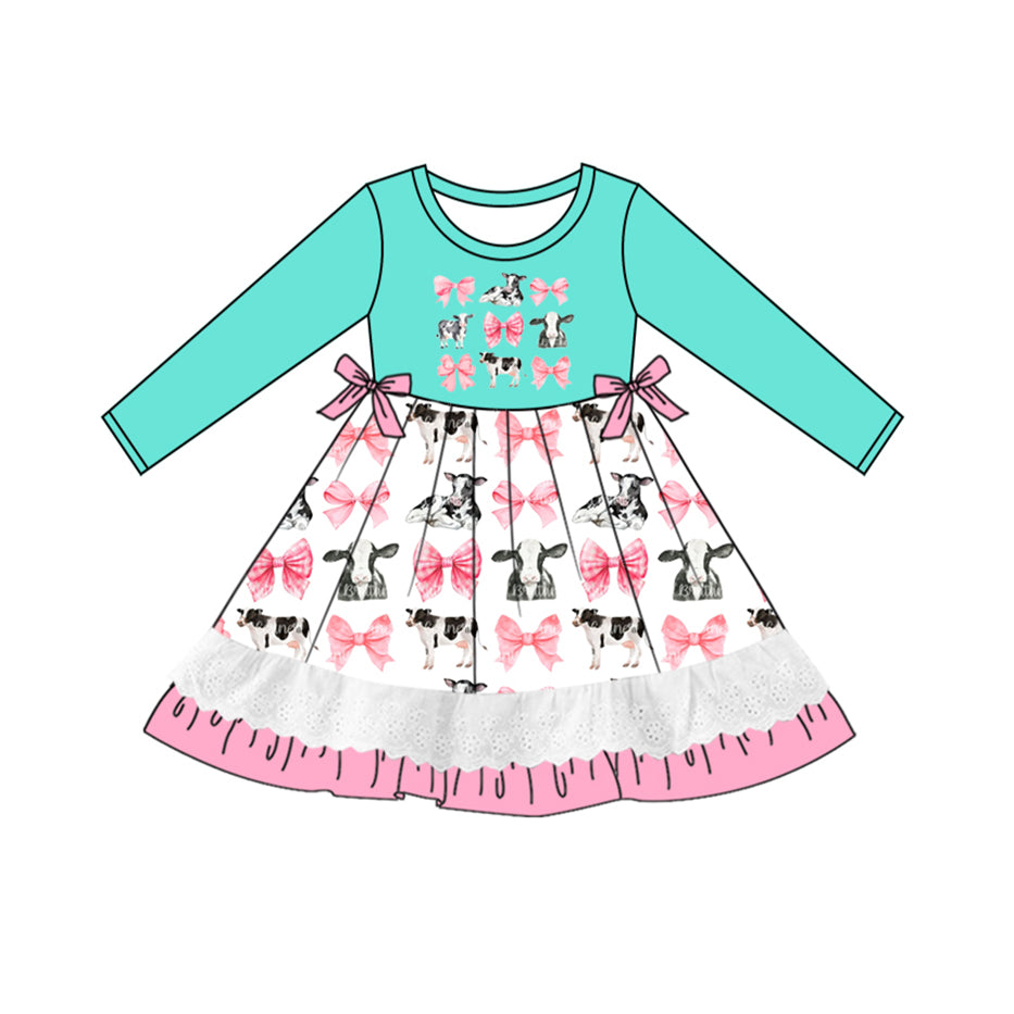 8.28 custom each style moq 5eta 4-6week Sibling Sister cow bow green and blue baby girl sets and dress and rompers match family design