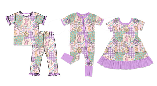 25.10.4 custom each style moq 8 eta 6-8week Sibling Sisters bunny floral baby girl short sleeve pants sets and dress and rompers match family design