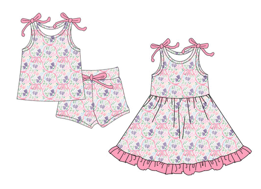 25.6.6 custom each style moq 5eta 4-6week Sibling Sister bow floral baby girl short sleeve shorts sets and dresses match design