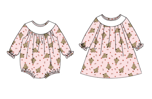 25.6.14 custom each style moq 5eta 4-6week Sibling Sister Christmas tree baby girl long sleeve dress and rompers match family design