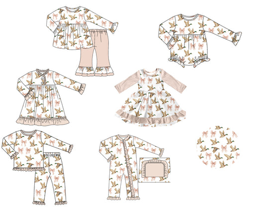 25.8.6 custom each style moq 5 eta 4-6week Sibling Sisters duck bow baby girl long sleeve pants sets 1 and sets 2 and romper 1 and romper 2 and dress 1 and dress 2 match family design