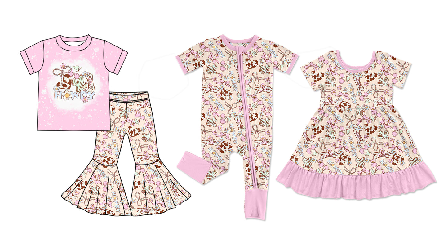 11.21 custom each style moq 5eta 4-6week Sibling Sister HOWDY  bow baby girl sets and dress and rompers match family design