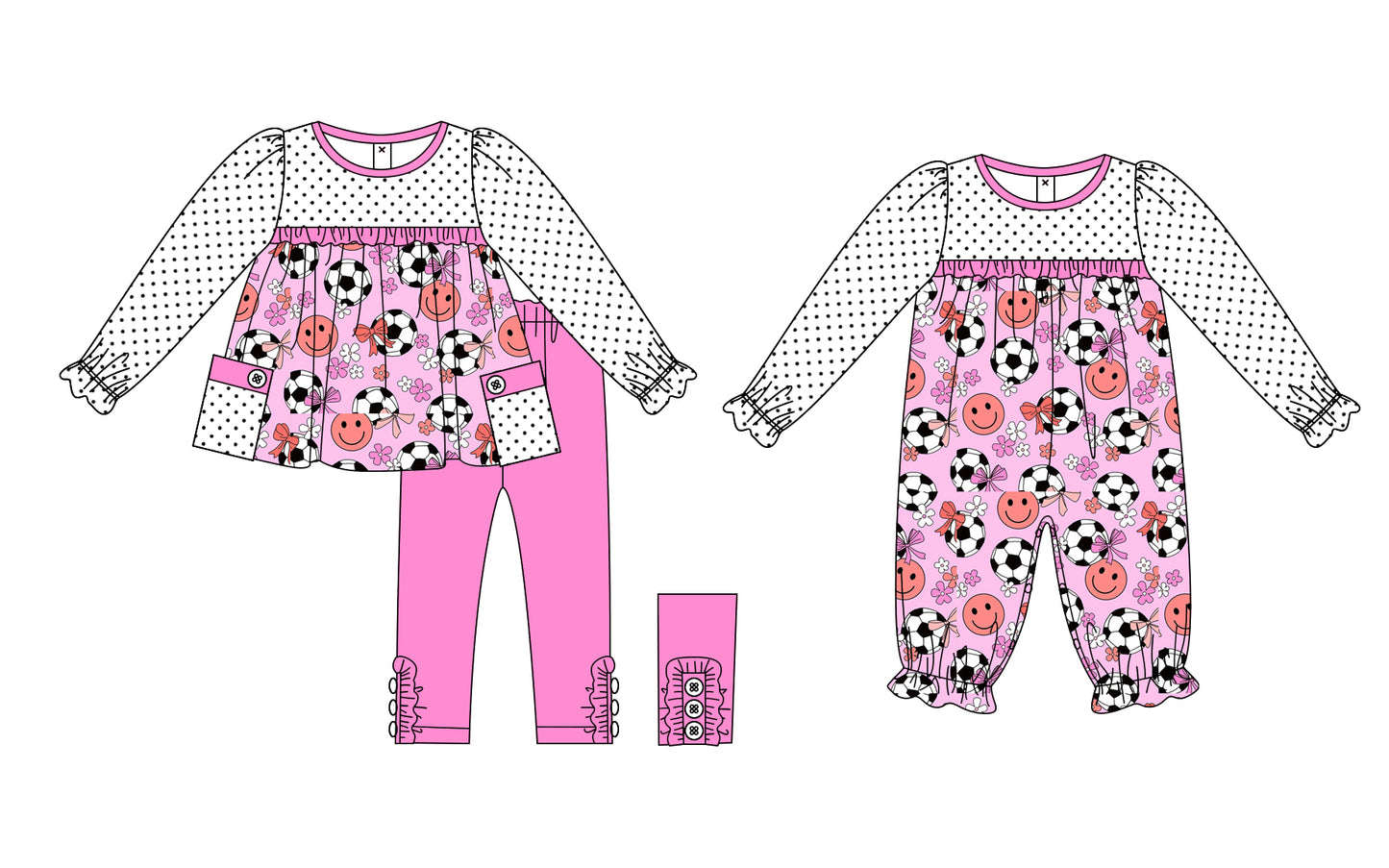 25.6.26 custom each style moq 5eta 4-6week Sibling Sisters soccer smiley baby girl long sleeve pants sets and rompers match family design