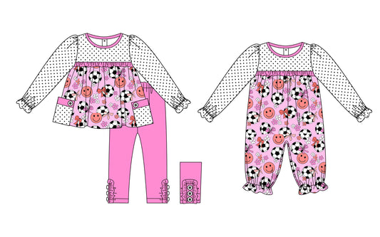 25.6.26 custom each style moq 5eta 4-6week Sibling Sisters soccer smiley baby girl long sleeve pants sets and rompers match family design