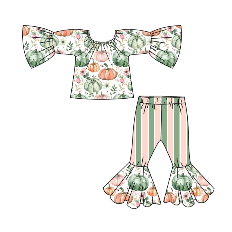 6.29 custom each style moq 5eta 4-6week girls pumpkin long sleeve striepd pants baby girls sets