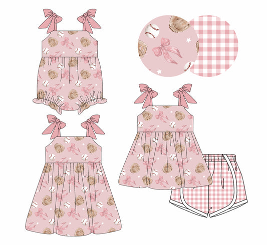 4.7 custom each style moq 5eta 4-6week Sibling Sisters baseball bow baby girl short sleeve shorts sets and dress and rompers match family design