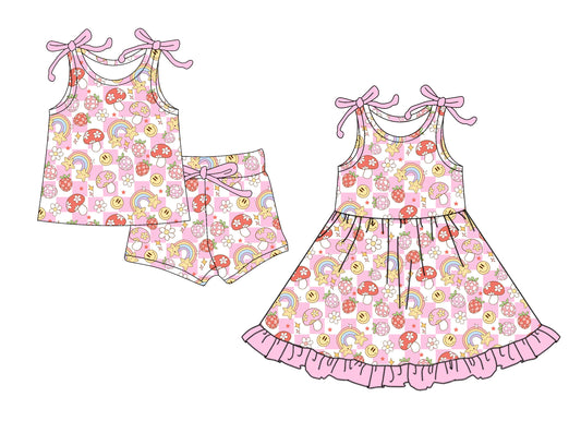 4.16 custom each style moq 5eta 4-6week Sibling Sister smiley baby girl short sleeve shorts sets and dresses match design