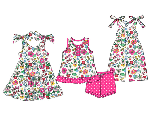 3.31 custom each style moq 5eta 4-6week Sibling Sister floral baby girl short sleeve shorts sets and dresses and jumpsuit match design