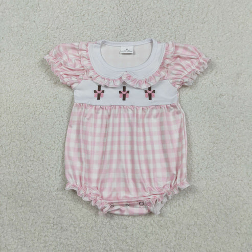 RTS NO MOQ Sibling Baby Kids Knee-Length Dress Rompers with Embroidery Crosses Easter Checked Collar for Boys And Girls