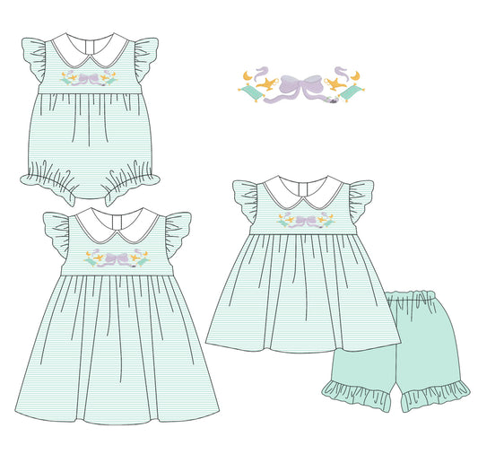 1.16 custom each style moq 5eta 4-6week Sibling Sisters bow baby girl short sleeve shorts sets and dress and rompers match family design