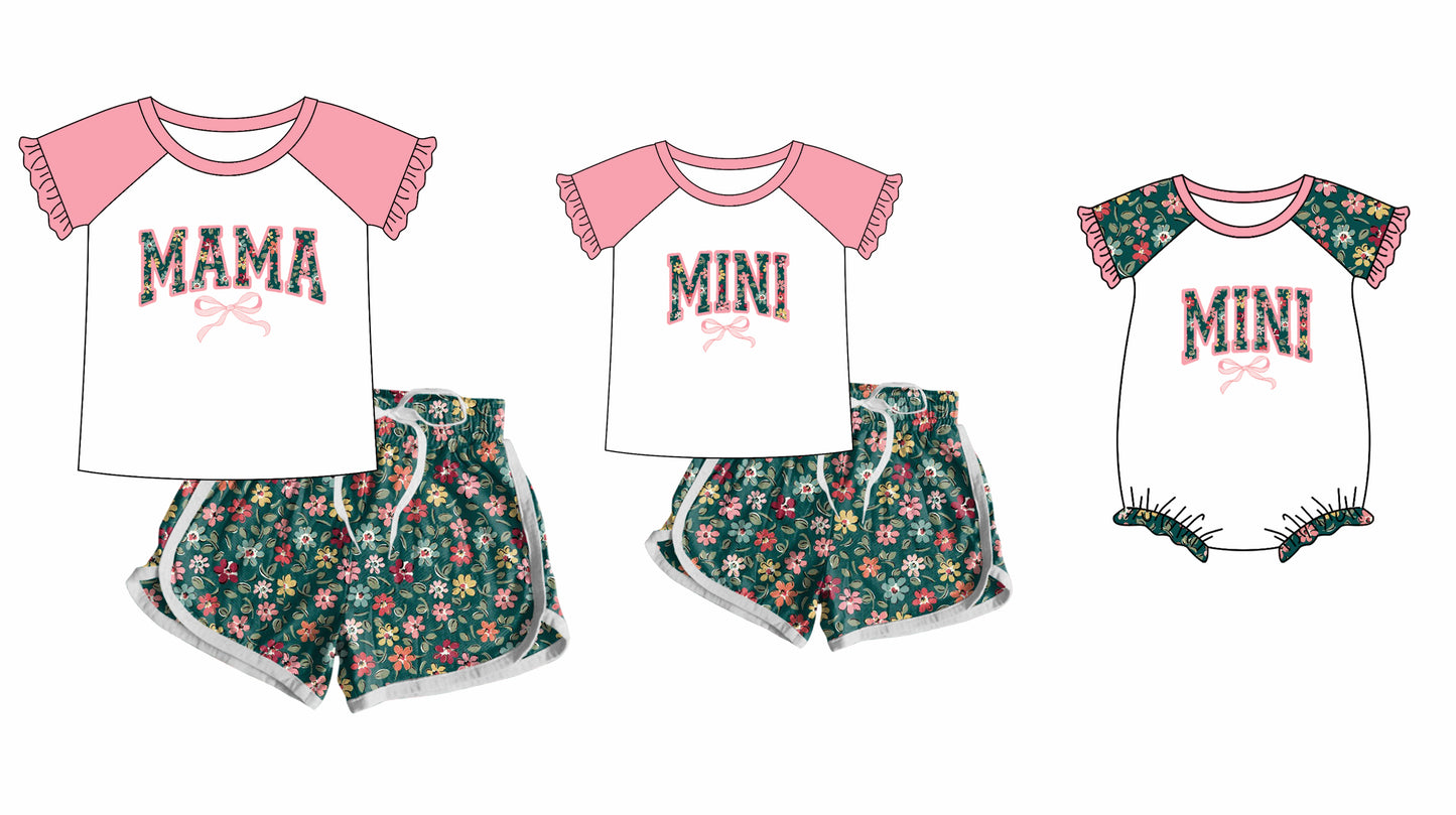 12.10 custom each style moq 5eta 4-6week Sibling Sister Mini floral baby girls short sleeve shorts sets and adult sets and romper match design