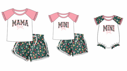 12.10 custom each style moq 5eta 4-6week Sibling Sister Mini floral baby girls short sleeve shorts sets and adult sets and romper match design