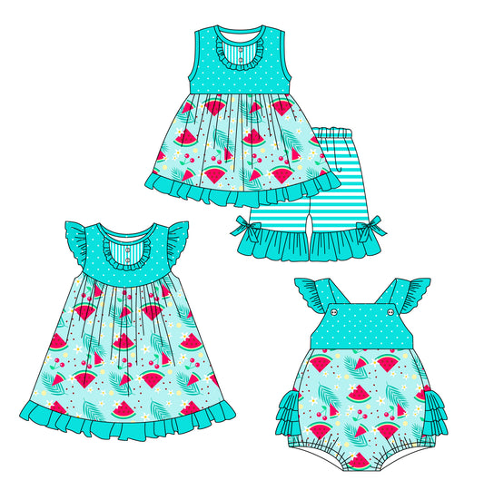 2.18 custom each style moq 5eta 4-6week Sibling Sisters watermelon baby girl short sleeve shorts sets and dress and rompers match family design