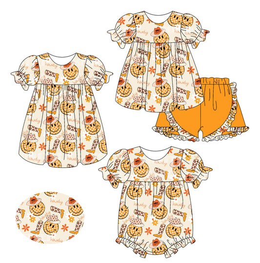 2.15 custom each style moq 5eta 4-6week Sibling Sisters smiley baby girl short sleeve shorts sets and dress and rompers match family design