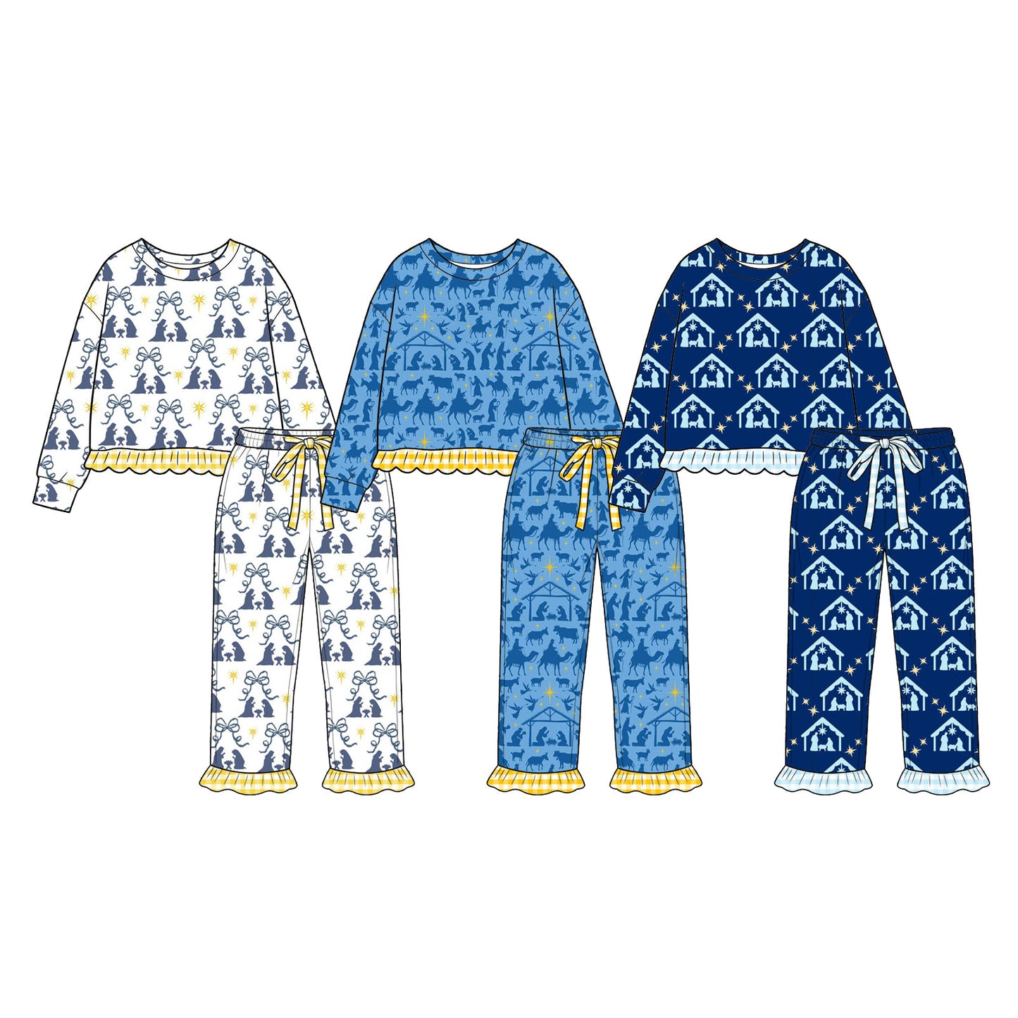 (Preorder new) No moq Baby Girls Bow Star Print Long Sleeve Pants Ruffle Hem Pajama Set