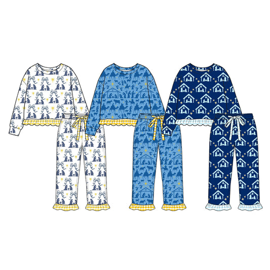 (Preorder new) No moq Baby Girls Bow Star Print Long Sleeve Pants Ruffle Hem Pajama Set