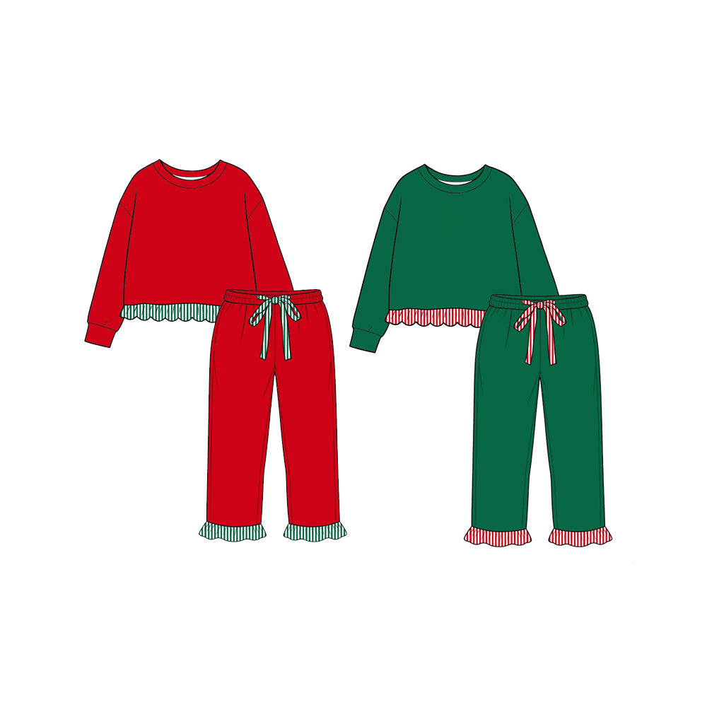 (Preorder new) No moq Baby Girls Solid Long Sleeve Scallop Tunic Ruffle Pant Clothes Set Casual Outfit