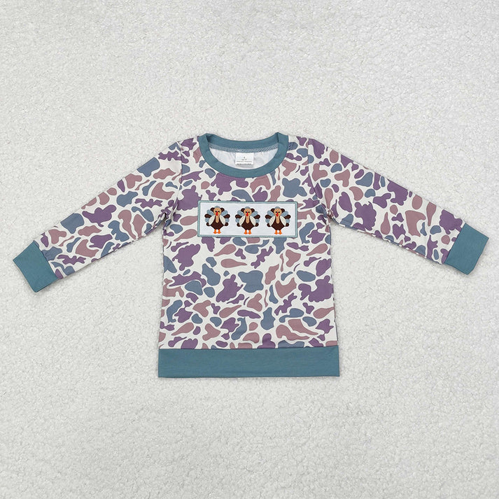 RTS NO MOQ  Purple camouflage long-sleeved top & romper with turkey print