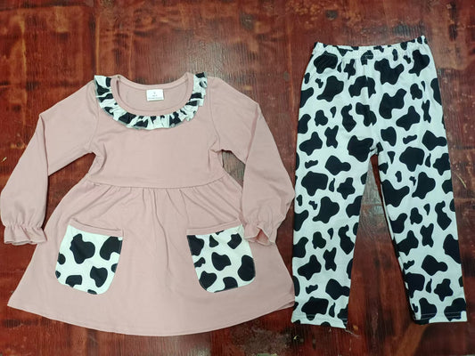 Custom moq 3 eta 6-7weeks  Lotus Pink Long Sleeve Pocket Top-Cow Black and White Pattern Trousers Set