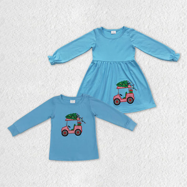 RTS NO MOQ Embroidered Tour Bus-Christmas Tree Pattern Blue Long Sleeve Dress*Long Sleeve Top