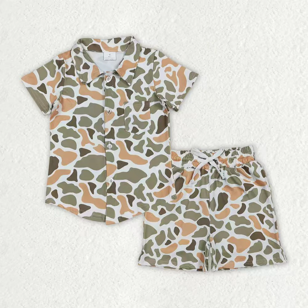 RTS NO MOQ Sibling baby boys clothes camouflage button short-sleeved shorts sets