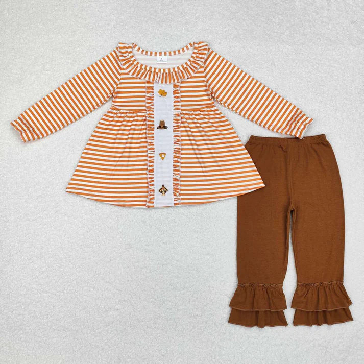 RTS NO MOQ Sibling Baby girl clothes Embroidery turkey pumpkin long-sleeved trousers suits