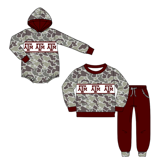 Custom moq 5 mix size milk silk summer teams baby boys clothes camouflage dark red hooded long sleeve pants sets and romper-25.10.20