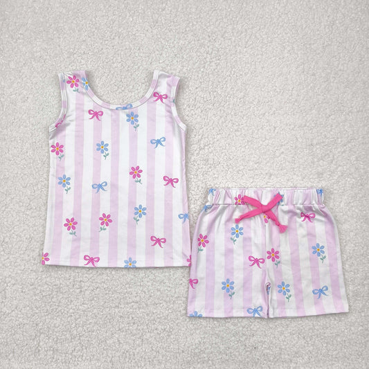 RTS NO MOQ GSSO2476 Pink striped sleeveless shorts set with flower and bow pattern