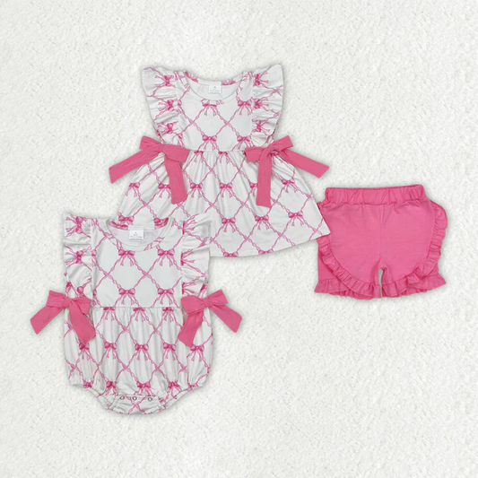 RTS NO MOQ Bow Pink short-sleeved shorts suit & and romper