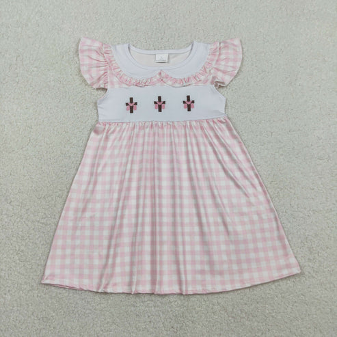 RTS NO MOQ Sibling Baby Kids Knee-Length Dress Rompers with Embroidery Crosses Easter Checked Collar for Boys And Girls